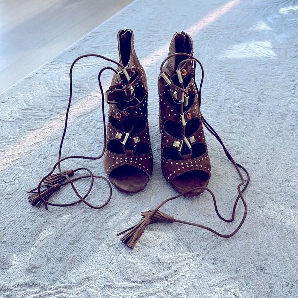 Brown lace up heels with block heel